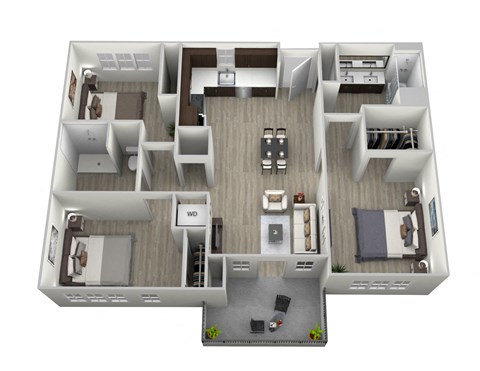 Floor plan for 3 beds, 2 baths, 1208 sqft